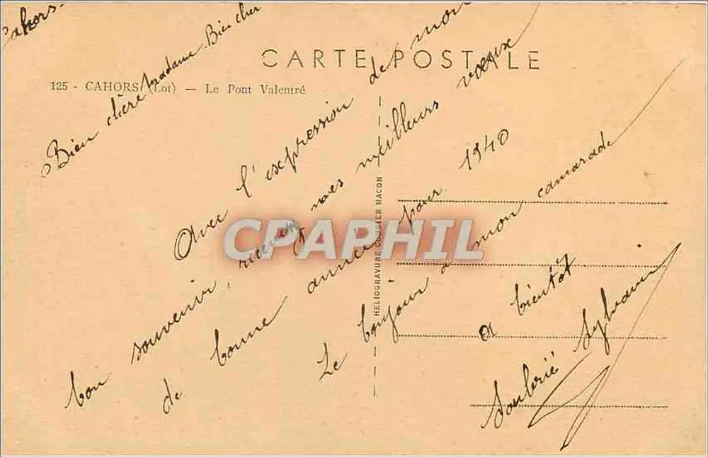 Cahors (Lot) — O Ponte Valentré — Héliogravure Camier Bacon n°125 - Verso
