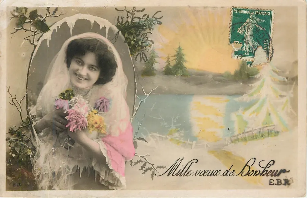 Jeune femme en robe de mariée — Mille vœux de Bonheur — E.B.R. - Recto