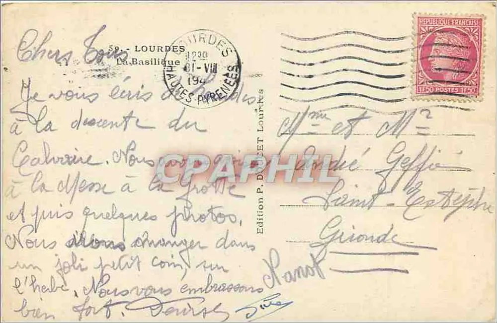 Basílica de Nossa Senhora de Lourdes — Editor P. DUCET, n°59 - Verso