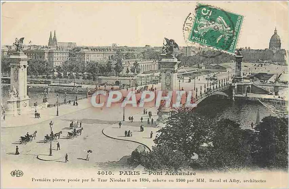 Paris — Pont Alexandre — Ansicht des Brückens und der Place, mit Inschrift auf der Vorderseite - Vorderseite