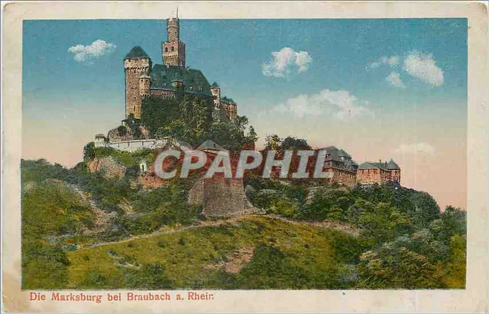 Die Marksburg bei Braubach a. Rhein — château fort sur une colline, éditeur 'Verlag von E. K. Schäfer' (imprimé en bas) - Anverso