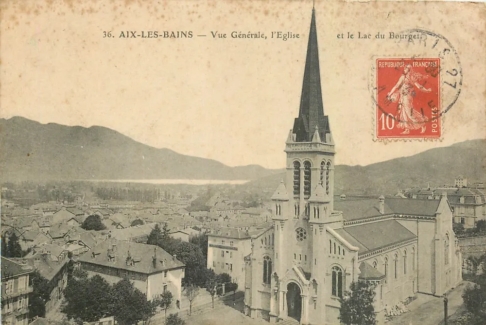 Aix-les-Bains — Vue Générale, l'Église et le Lac du Bourget — Éditeur non visible, n° 36 - Recto