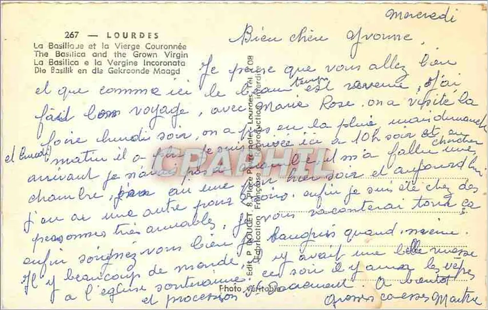 Lourdes — La Basilique et la Vierge Couronnée — Éditeur Edy - Verso