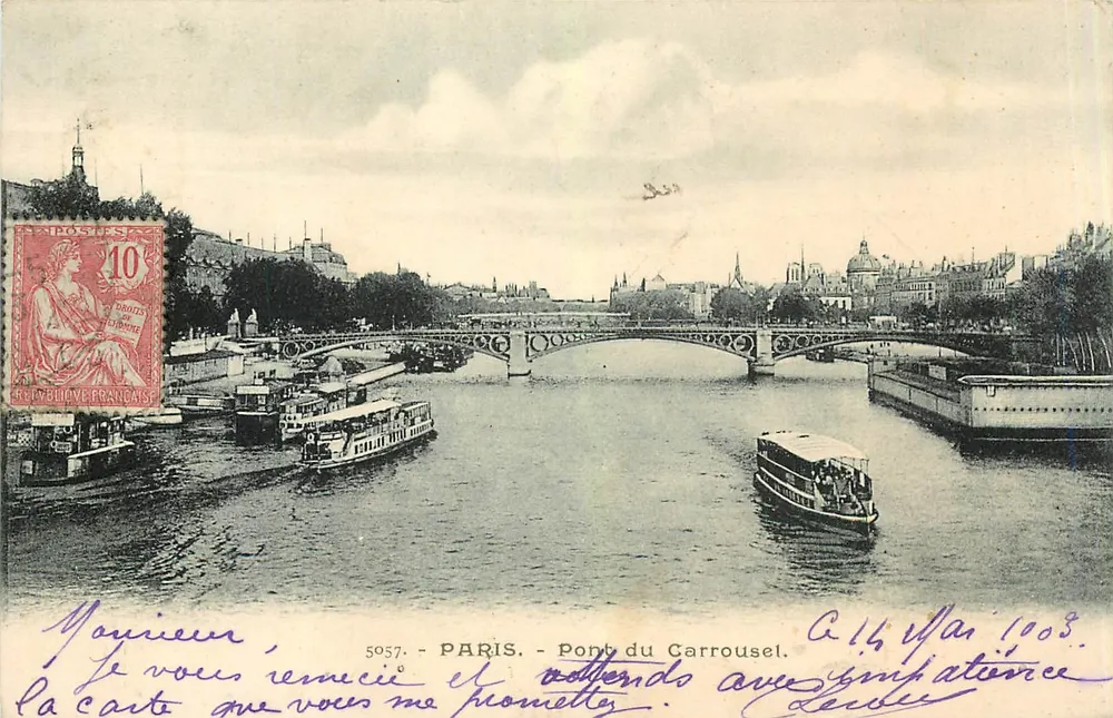 Paris - Ponte do Carrousel — vista da ponte e dos barcos no rio Sena — editor S. 5057 - Frente