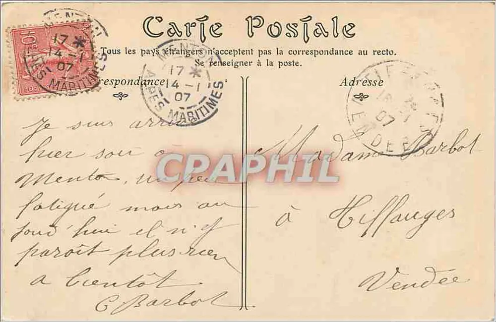 Menton — Vue générale prise du Pont Saint-Louis — n° 701 - Verso