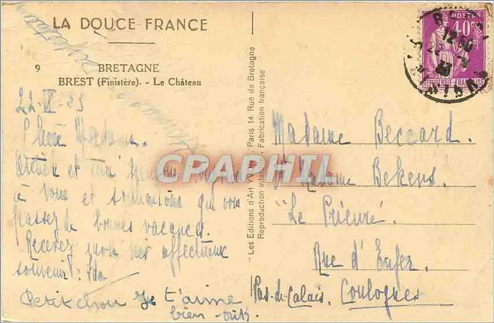 Brest (Finistère) - O Castelo — Edições de Arte VYVON, n°9 - Verso