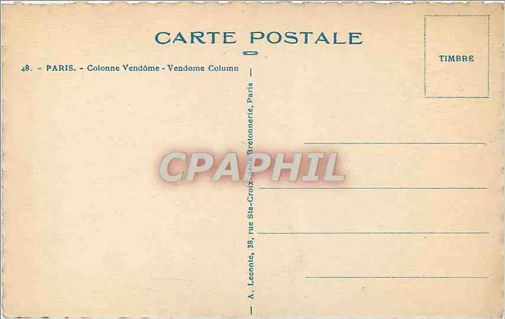Paris - Coluna Vendôme - Editor A. Lecointe, 38 rue Ste-Croix-de-la-Bretonnerie - Verso