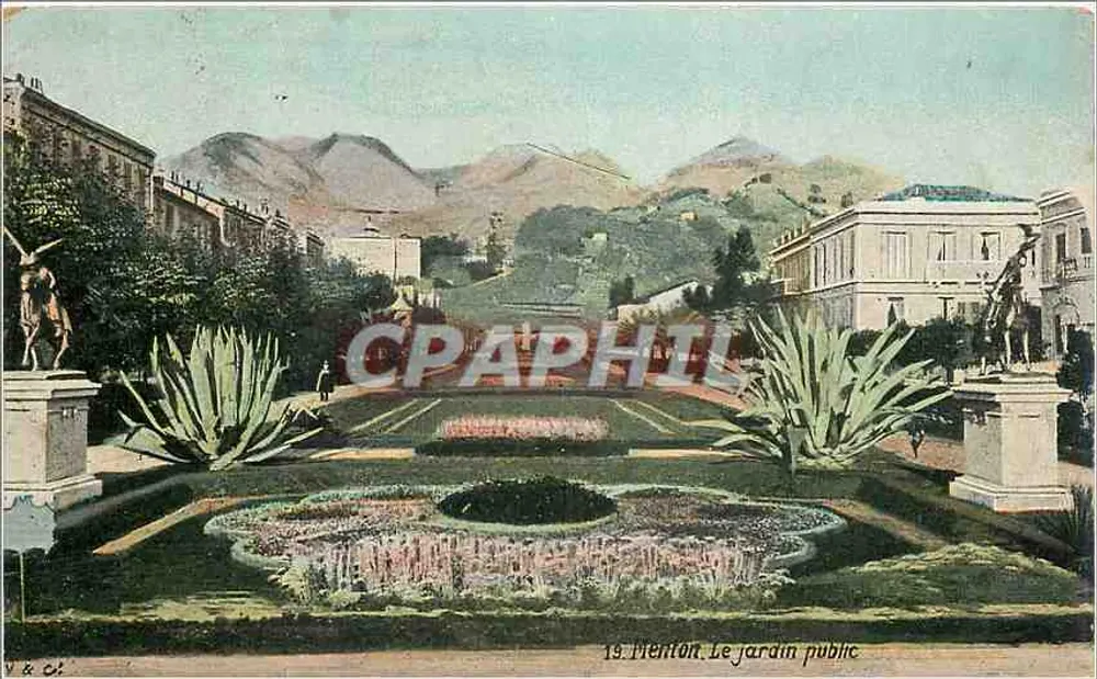 Dienton. O jardim público — vista panorâmica com estátuas e montanhas — V & Ci, n°19 - Frente
