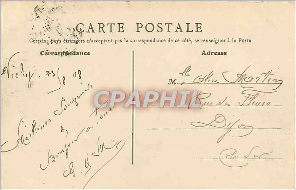 Vichy — Fachada da Entrada dos Banhos — B. F., Paris - Verso