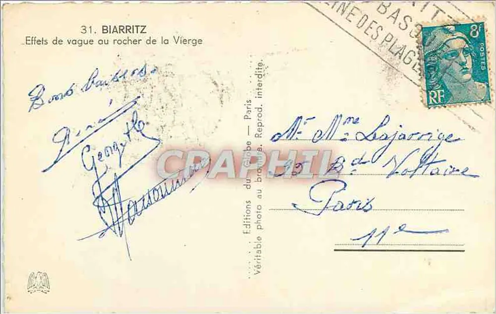 Biarritz — Efeitos de onda no rochedo da Virgem — Éditions du Globe, Paris, n°31 - Verso