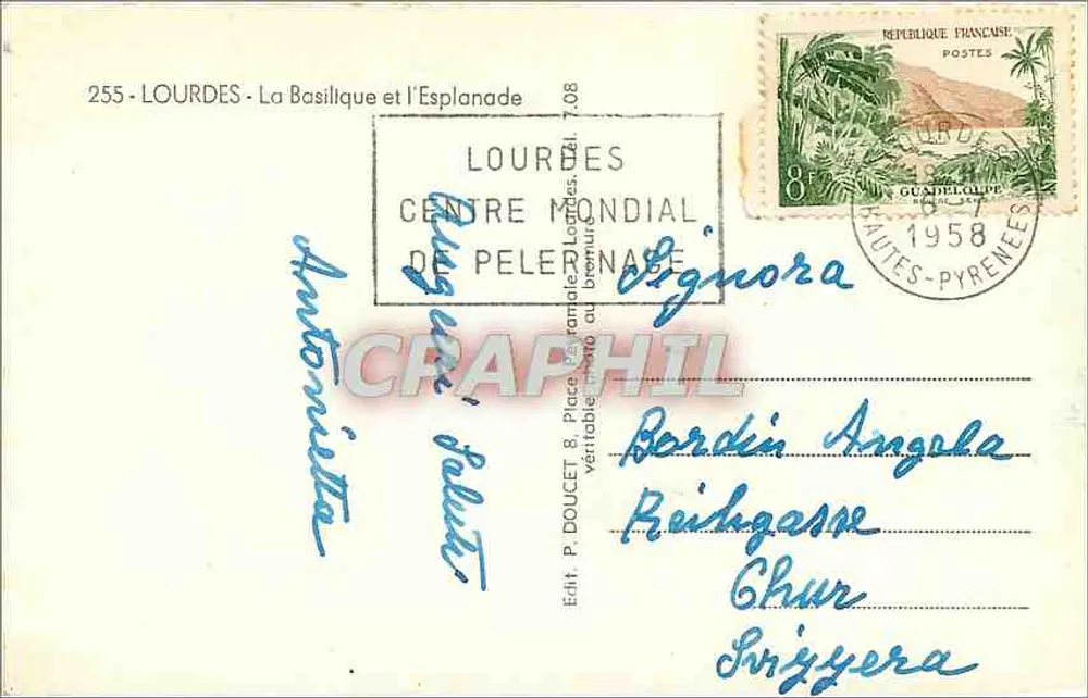 Lourdes - A Basílica e a Esplanada — Éd. P. Doucet, n° 255 - Verso
