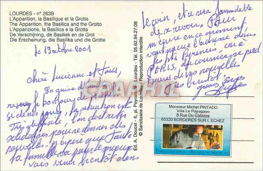 Lourdes — Aparição, Basílica e Gruta — Ed. A. Doucet n° 263B - Verso