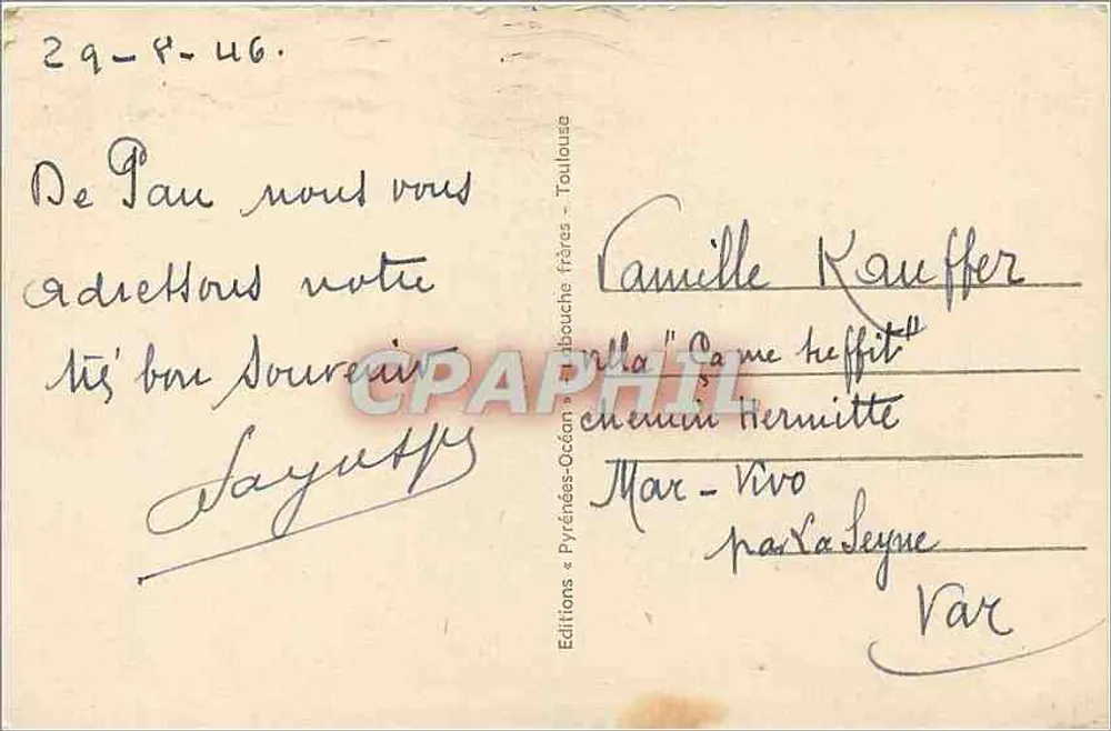Pau - O Boulevard dos Pirineus — Edições « Pirineus-Oceano » n° 7, série X.O. 1924 - Verso