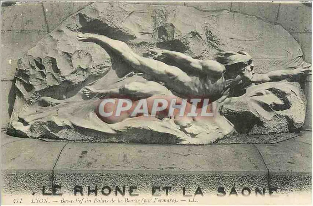 O Rio Ródano e o Rio Saône — Bas-relief do Palácio da Bolsa (por Vermare) — L.L. — Lyon - Frente