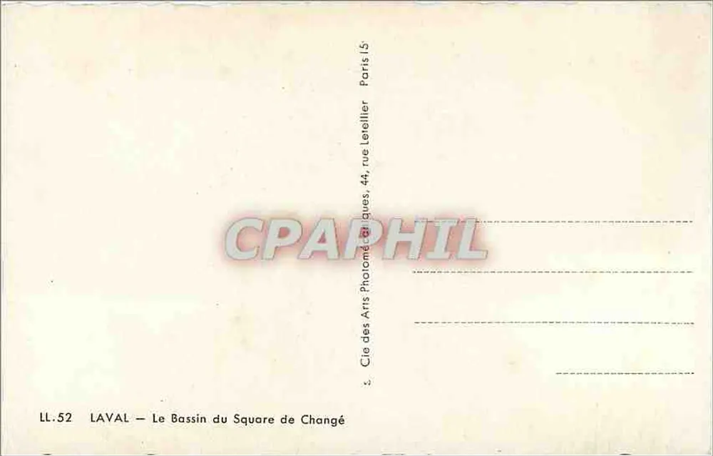 Laval — O Bassin do Square de Changé — Cie des Arts Photographiques, 44, rue Leretelier, Paris - Verso