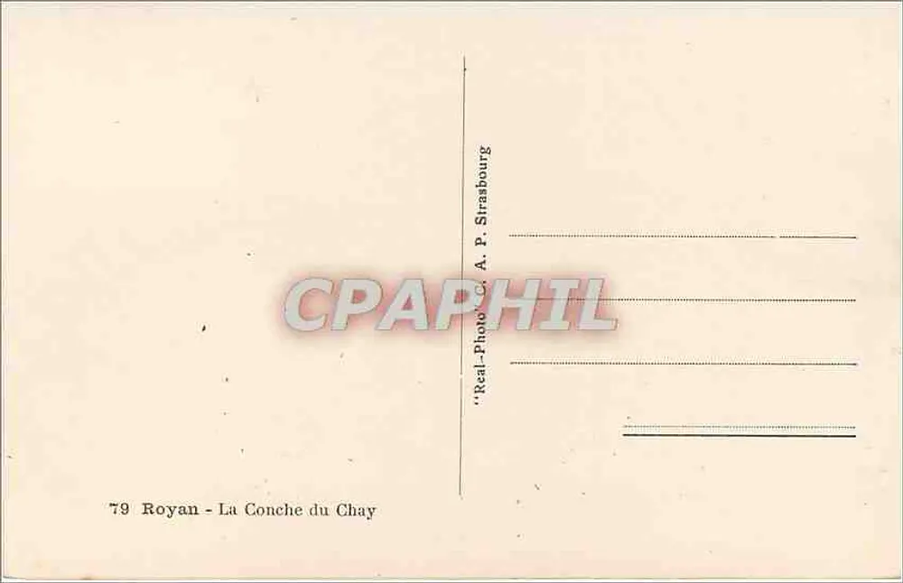 Roya — La Conche du Chay — praia animada com banhistas e vela — editor A. P. Strasbourg, n°79 - Verso