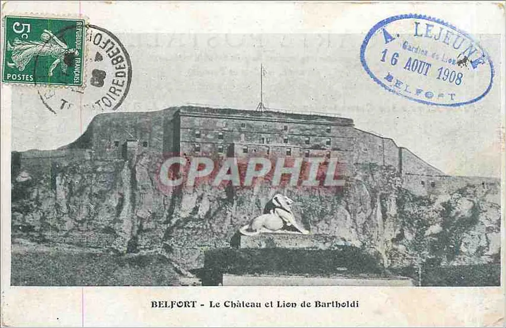 Belfort - Le Château et Lion de Bartholdi — éditeur A. Lejeune, n° de série non visible - Recto
