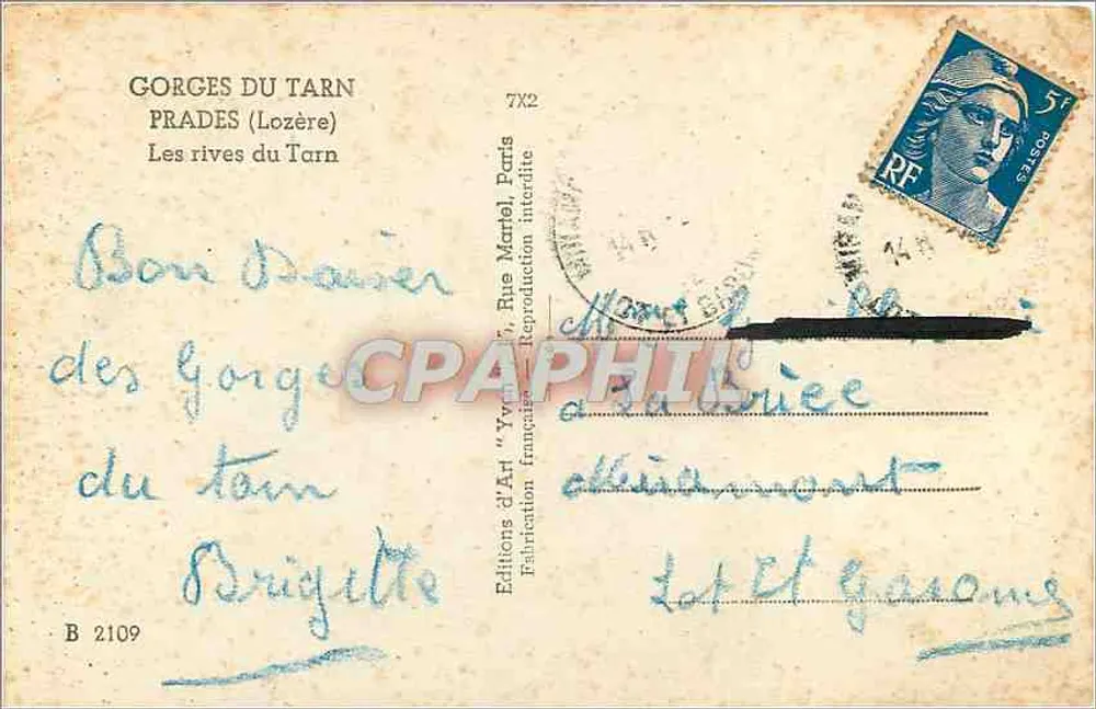 Gorges du Tarn — Praudes (Lozère) — Éditions d'Art Yves Martel, B 2109 - Verso