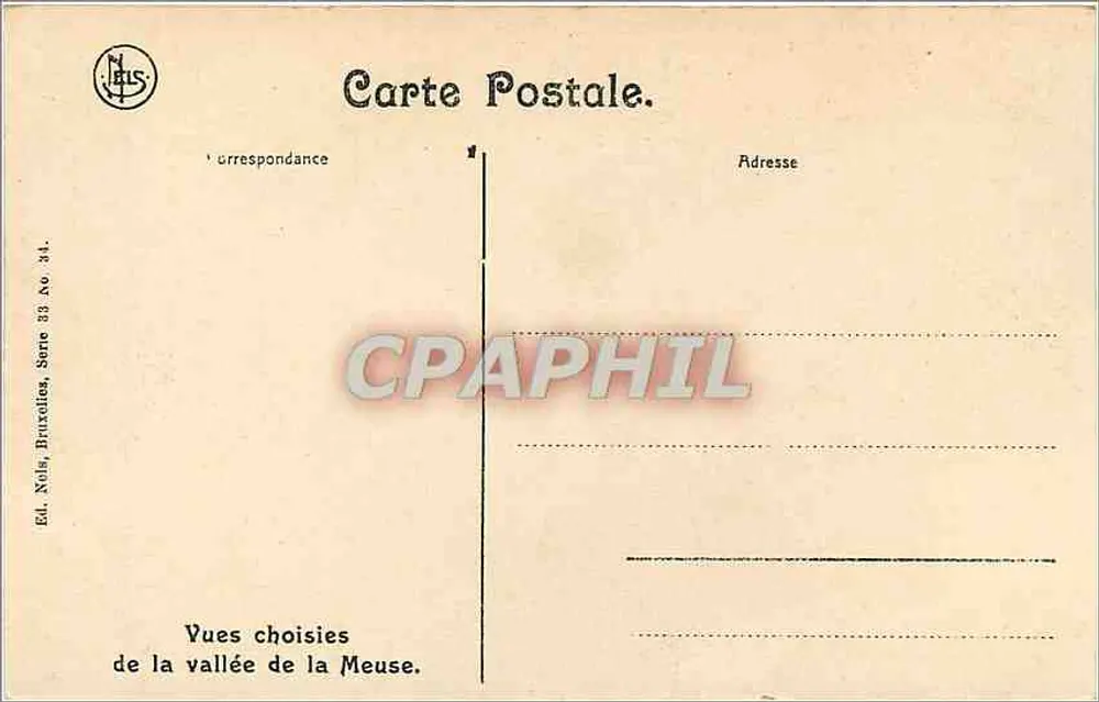 Les Rochers, Freyr — vista da vallée da Meuse — Ed. Nola, Bruxelas, Série 39 No. 34 - Verso