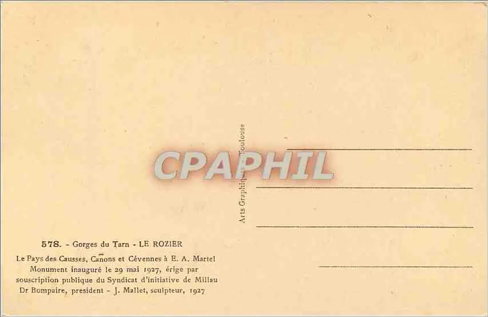 Gorges do Tarn - Estátua de E. A. Martel — editor ARGRA, número de série 578 - Verso