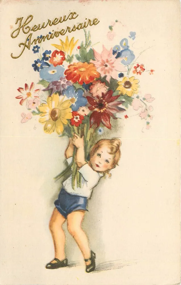 Criança segurando um grande buquê de flores — Feliz Aniversário — editor desconhecido - Frente