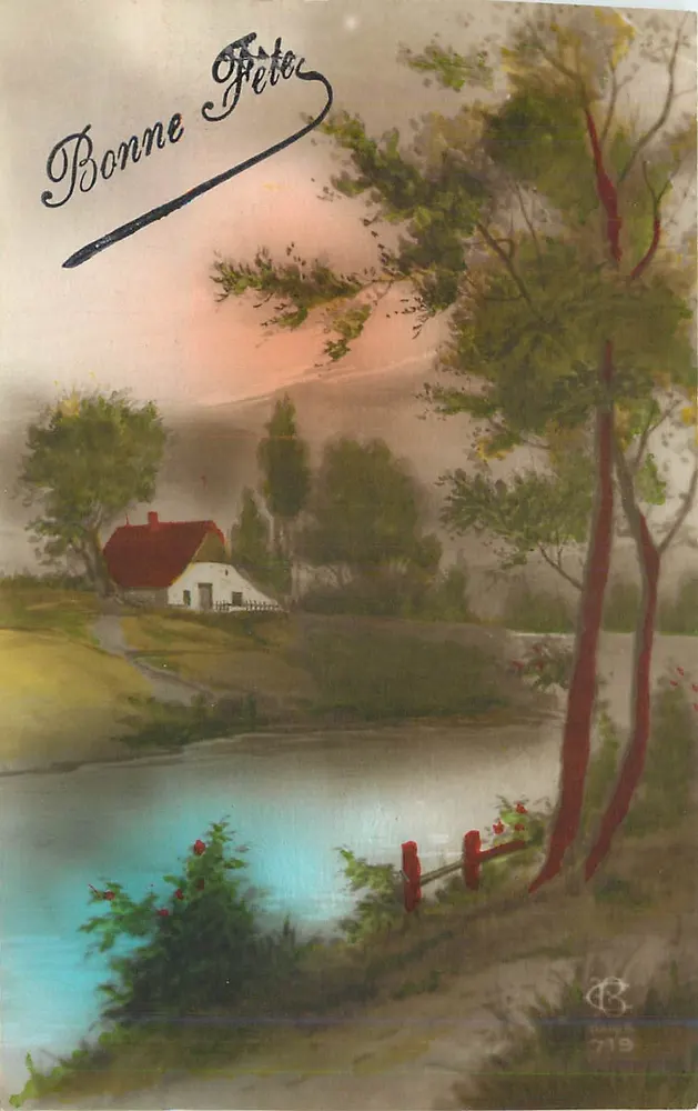 Paisagem com casa e lago — 'Bom Aniversário' — editor DAVID n°719 - Frente