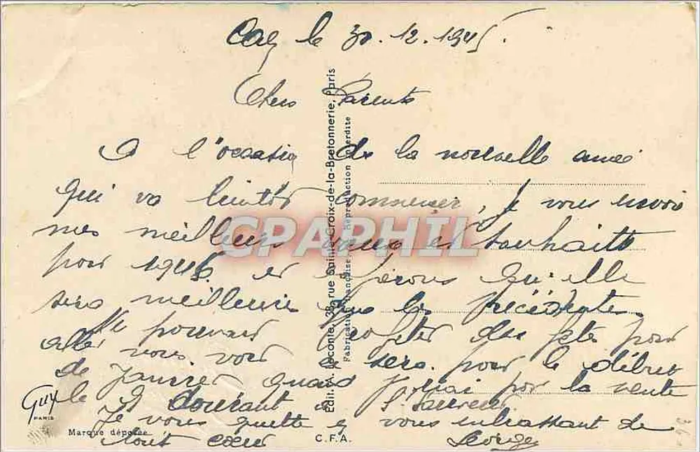 Paisagem invernal com hortência — Boa Ano — Editor C.F.A., Paris - Verso
