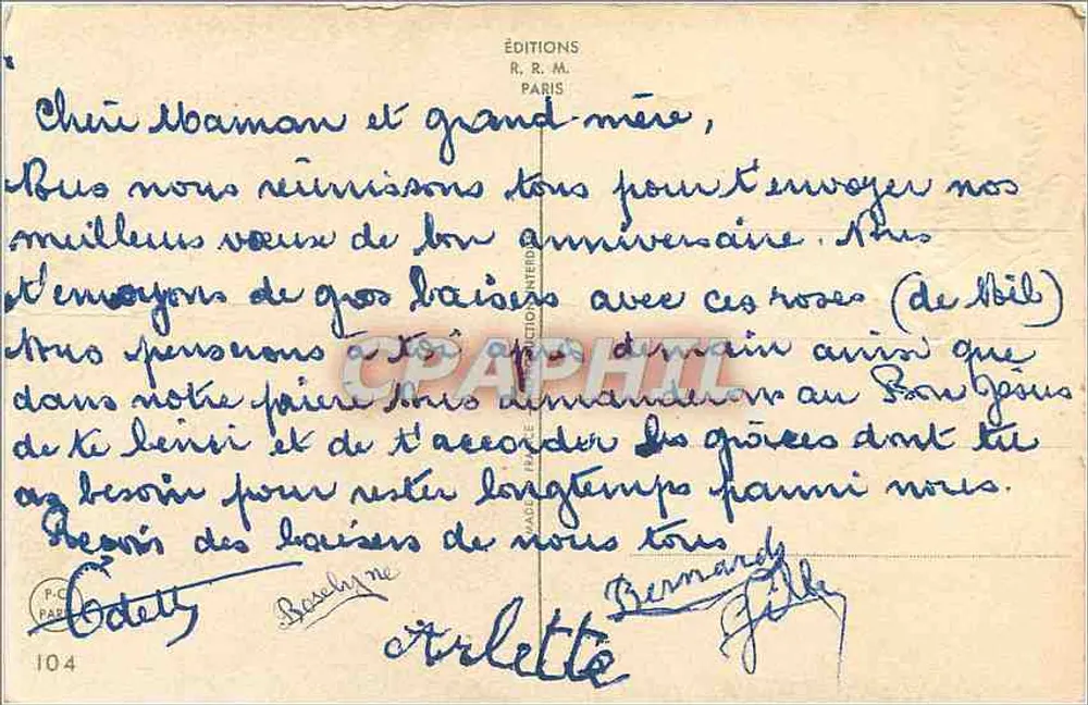 Duas rosas — uma vermelha, uma rosa pálida — para o aniversário — Edições R.R.M. Paris - Verso