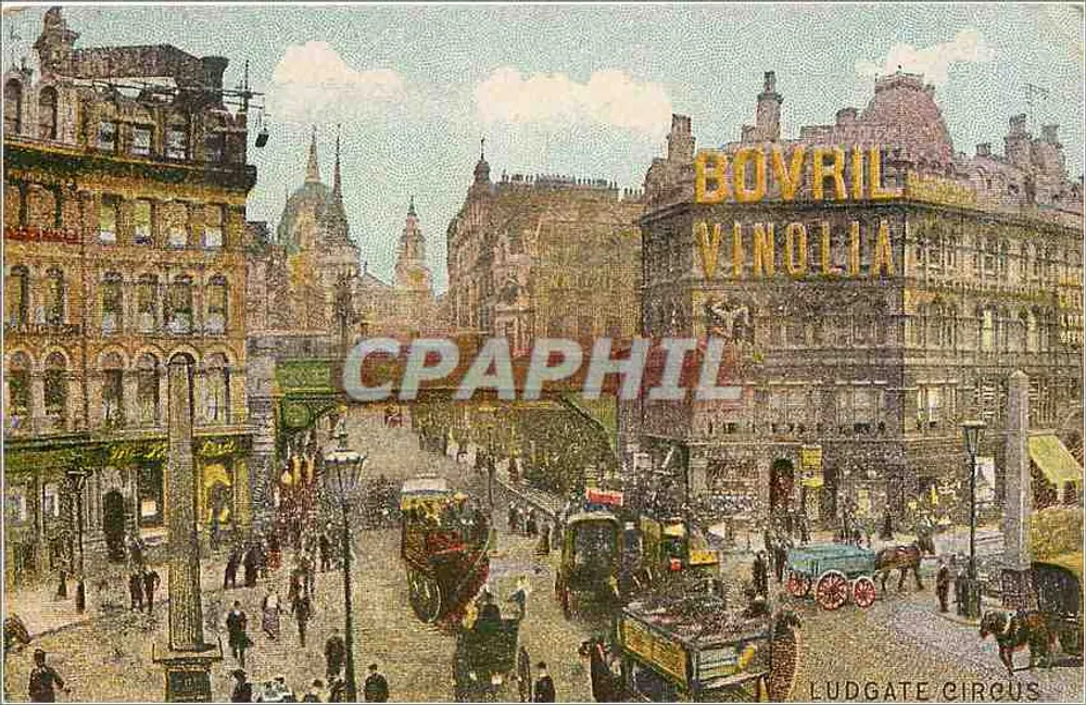 Ludgate Circus — vista animada com letreiro Bovril Vinolia — editor não identificado - Frente