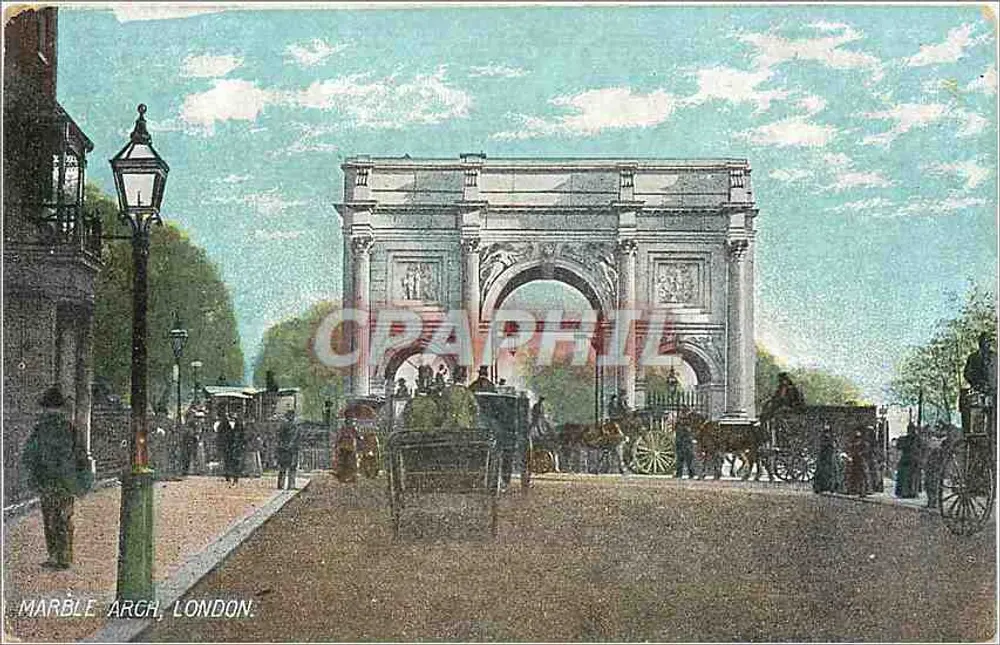 Arco de mármore, Londres — vista da arca monumental com carruagens a cavalo — editor não identificado - Frente