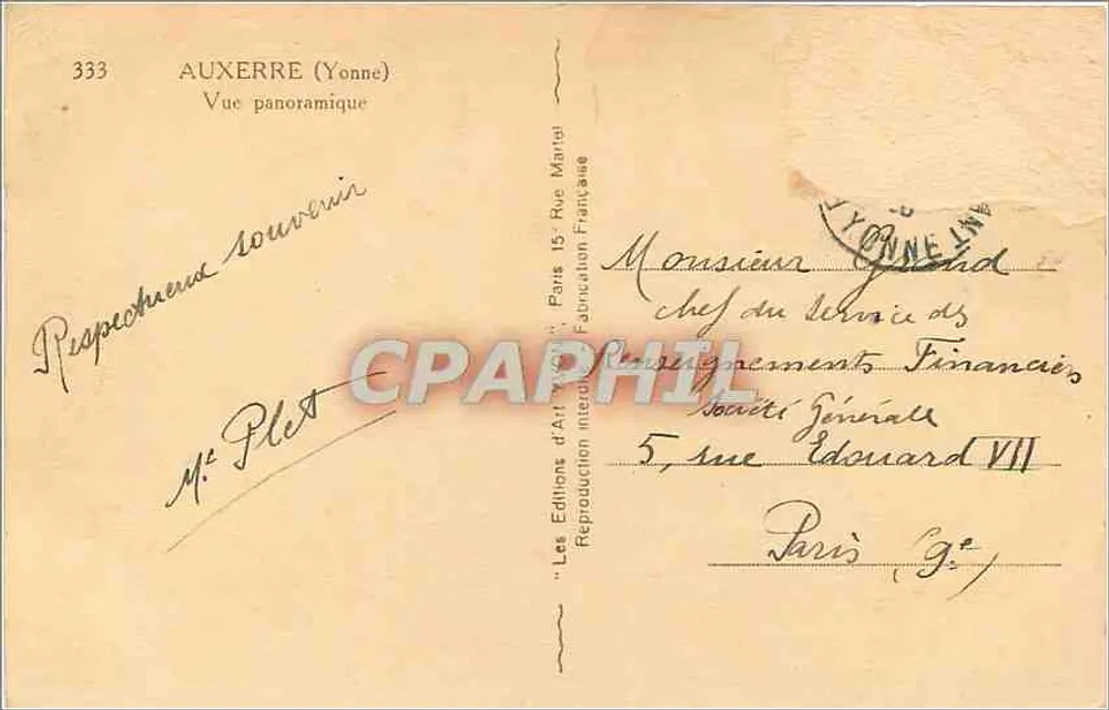 Auxerre (Yonne) — Vista panorâmica — Les Éditions d'Art Marval, n°333 - Verso