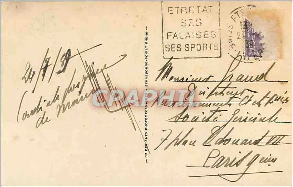 Etretat — La Grande Aiguille et la Porte d'Aval — Éditeur : Des Arts Photographiques d'Etretat, n°10 - Verso