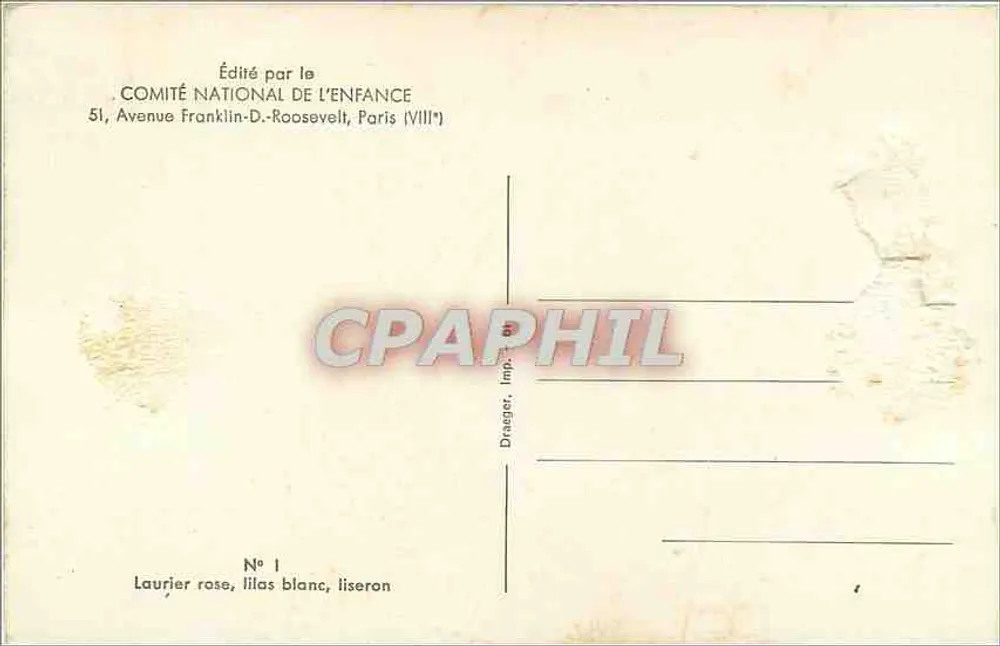 Arranjo de flores — Laurier rosa, lavanda branca, trepadeira — Editado pelo COMITÉ NATIONAL DE L'ENFANCE - Verso