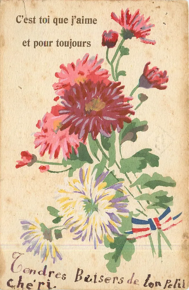 Bloemen — antieke ansichtkaart met gedrukte tekst en handgeschreven ondertekening — onbekende uitgever - Voorkant