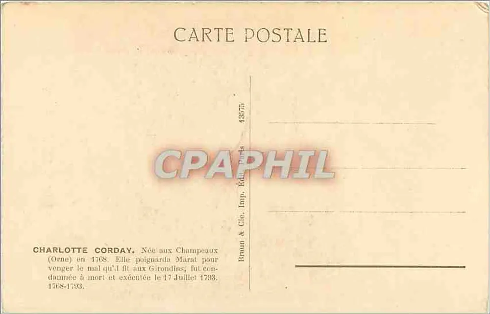 Charlotte Corday — Mord an Marat — Verlag Braun & Cie, Imp. Ed. Paris, Nr. 43575 - Rückseite