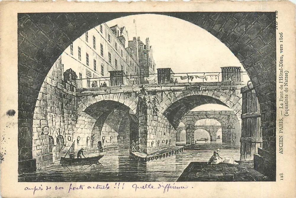 Paris — Alter Hotel-Dieu-Brücke, Aquatinte von Nattes — Verlag ND 118 - Vorderseite