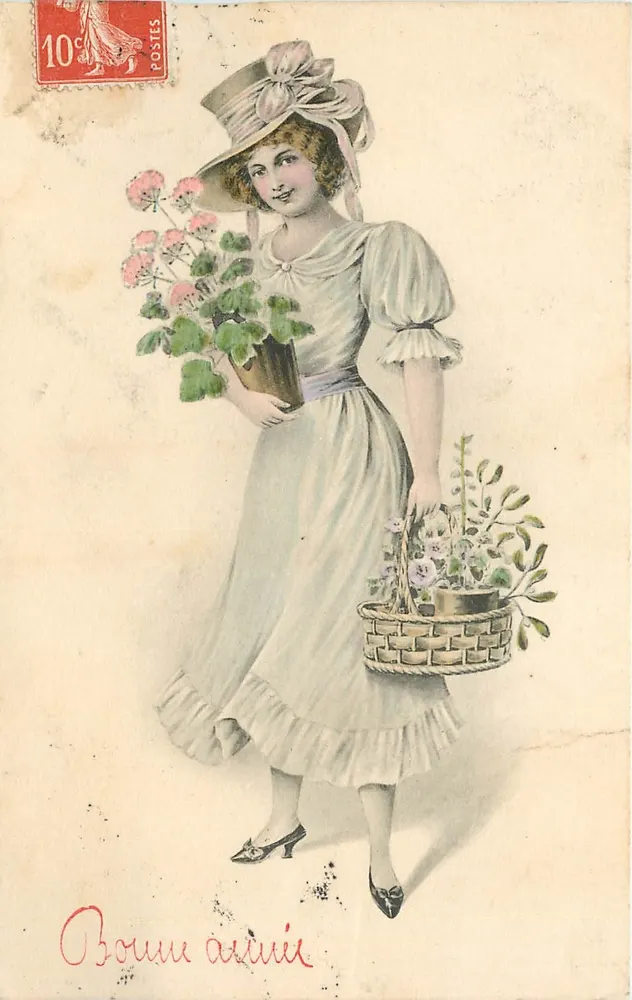 Junge Frau in hellen Kleidern mit Blumen — unbekannter Verlag, Serie 502 - Vorderseite