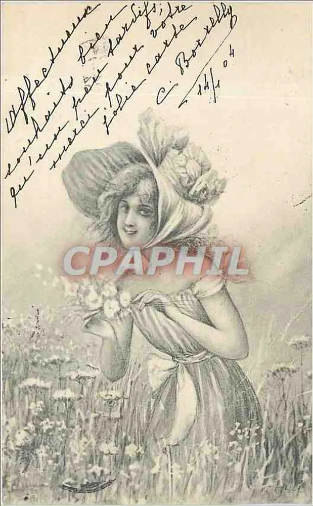 Jovem mulher em vestido e chapéu florido em um campo — Carta postal assinada por C. Borelly — datada 14/1/04 - Frente