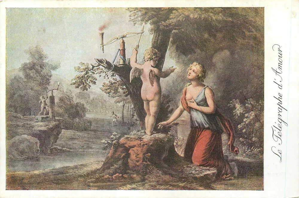 Le Télégraphe d'Amour — scène mythologique avec Cupidon — éditeur Schall, n° de série non visible - Recto