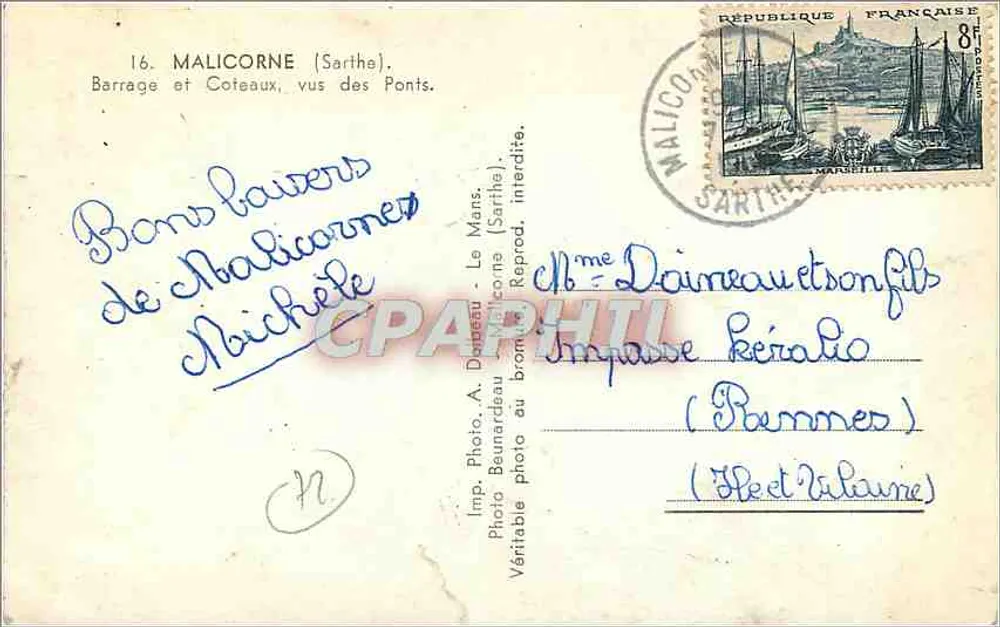 Malicorne (Sarthe) — Barrage et Coteaux, vus des Ponts — Photo A. Beunardieu, Le Mans - Verso