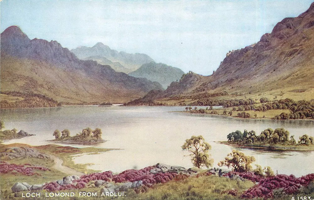Loch Lomond visto de Ardlui — vista lacustre entre montanhas — editor Valentine & Sons Ltd, n° A 1583 - Frente