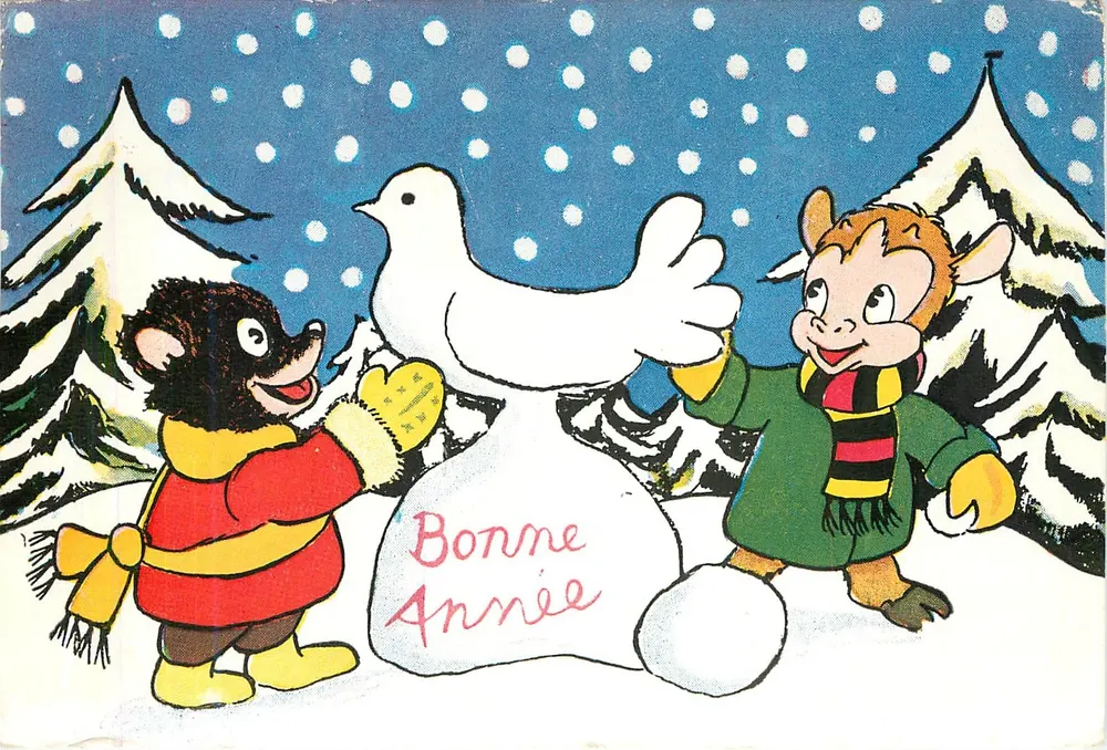 Dois animais brincando com uma pomba branca sobre um homem de neve — Boa Ano Novo - Frente