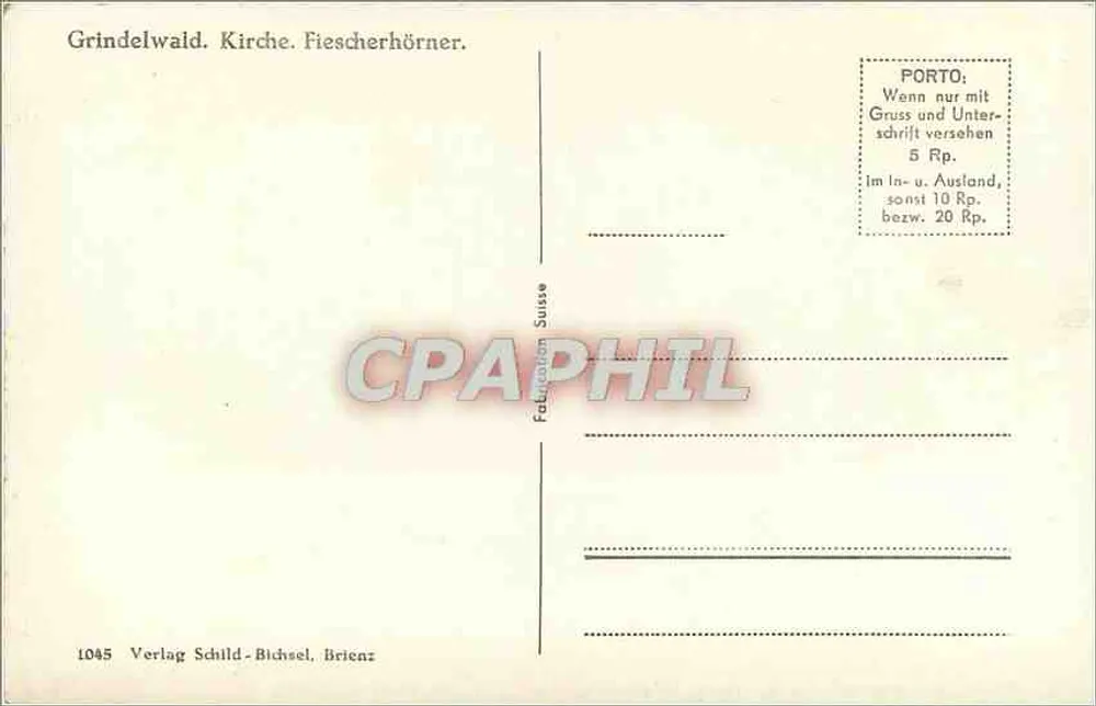 Grindelwald. Kościół. Fiescherhörner. — Wydawca: Verlag Schild-Bichsel, Brienz. Numer seryjny: 1045. - Rewers