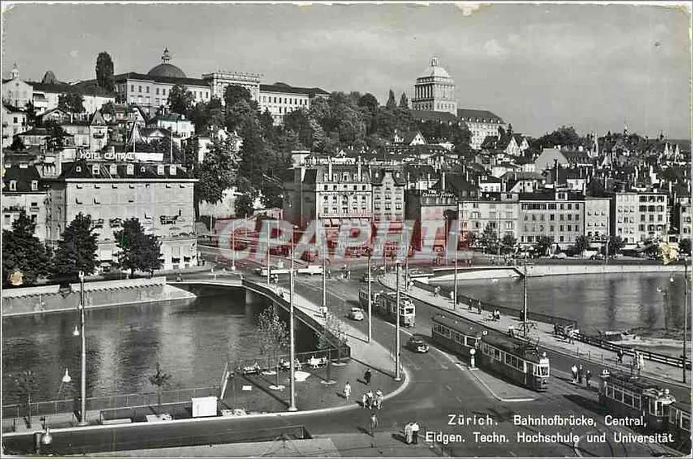 Zúrich. Puente de la Estación, Central, Universidad Federal Técnica — Photoglob Wehrli AG, Zúrich, n° 196 - Anverso