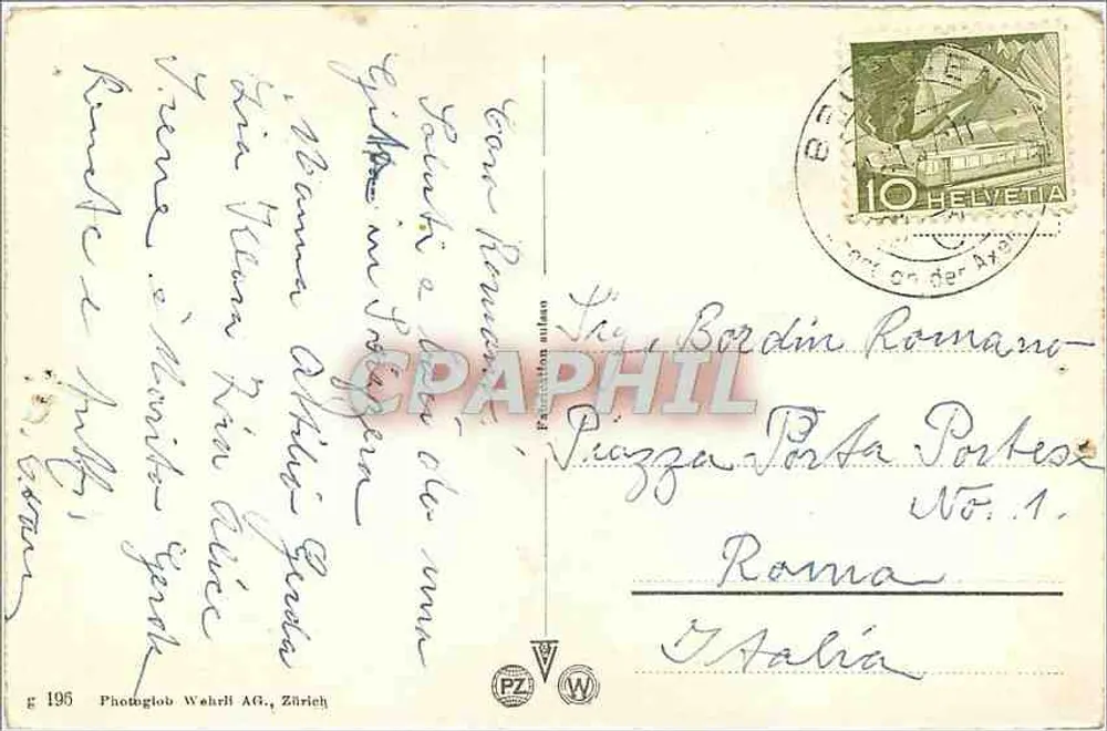 Zúrich. Puente de la Estación, Central, Universidad Federal Técnica — Photoglob Wehrli AG, Zúrich, n° 196 - Reverso