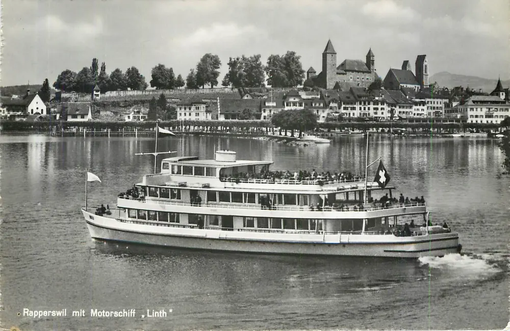 Rapperswil — vista do lago com o barco « Linth » — Photoglob-Wehrli AG, Zürich - Frente