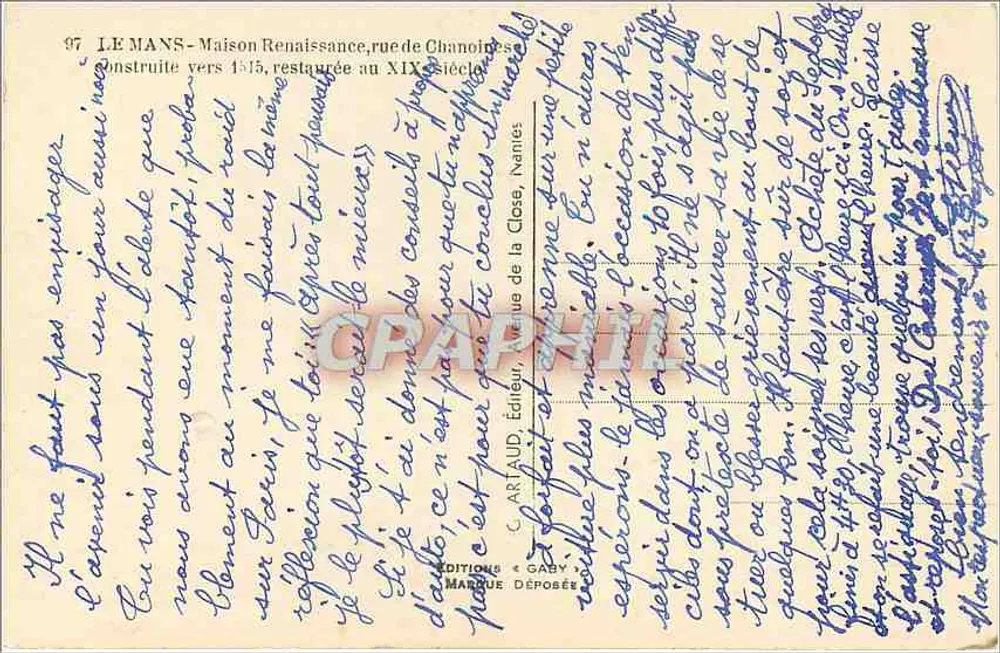 Le Mans — Casa da Renascença, rua do Canônigo — Gaby - Verso