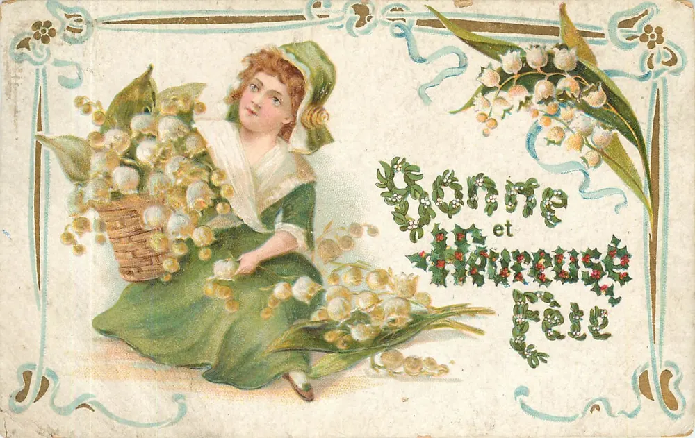 Femme en robe verte tenant un panier de muguet — Bonne et Heureuse Fête — K. F. Éditeurs, Paris, Série 1862 - Recto