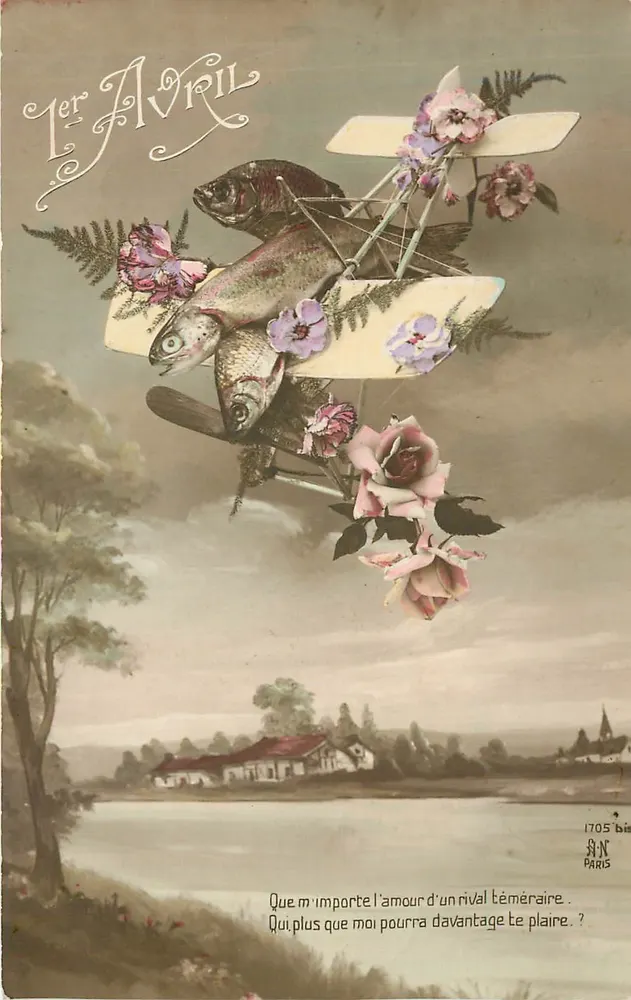 Avril — avion orné de poissons et de fleurs — éditeur A.N. Paris, n° 1705 bis - Recto