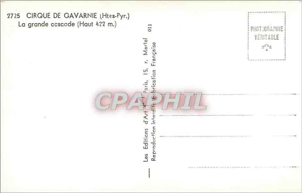 Cirque de Gavarnie — A Grande Cachoeira (Altura 422 m.) — Les Éditions d'Art, 15, r. Martel, Paris - Verso